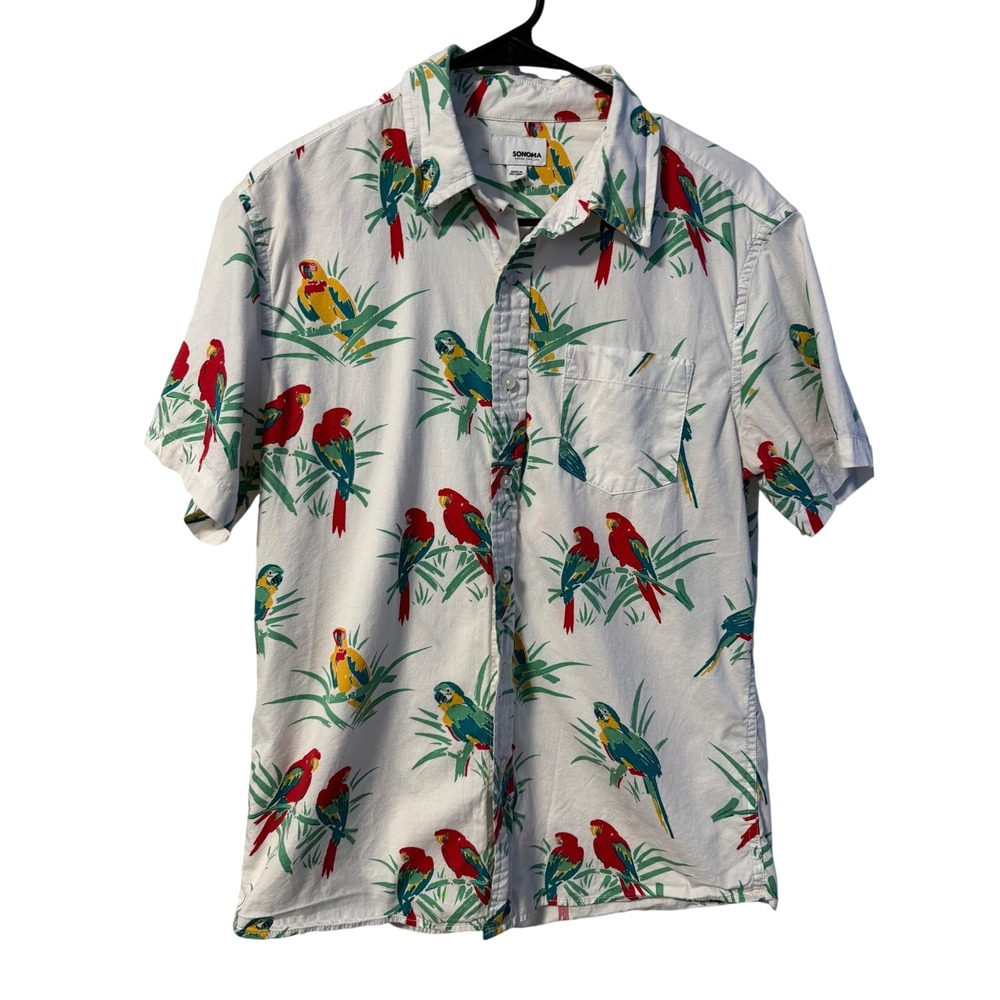 Sonoma Button Down Shirt Mens S White Parrot Tropical Print